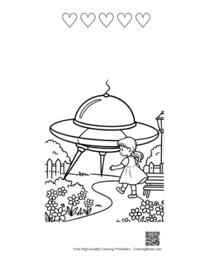 Thumbnail: Alien UFO Parked in a Residential Neighborhood Scene Printable and 5 Heart Outline