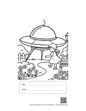 Thumbnail: Alien UFO Parked in a Residential Neighborhood Scene Printable with Title and Artist Box