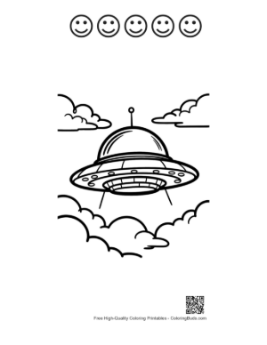 Thumbnail: Cartoon UFO Flying Amid Fluffy Clouds Printable and 5 Happy Face Outline