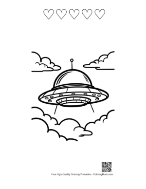 Thumbnail: Cartoon UFO Flying Amid Fluffy Clouds Printable and 5 Heart Outline