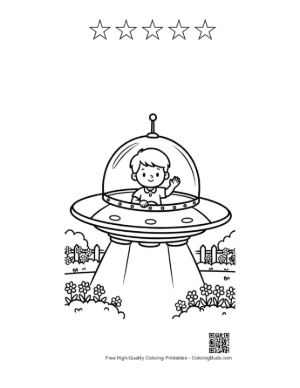 Thumbnail: Cartoon UFO with a Boy Pilot Flying Over Flowers Printable and 5 Star Outline