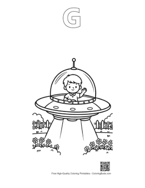 Thumbnail: Cartoon UFO with a Boy Pilot Flying Over Flowers Printable Outline Alphabet G