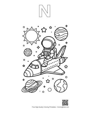 Thumbnail: Cute Cartoon Astronaut Sitting on a Space Shuttle Printable Outline Alphabet N