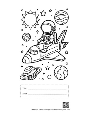 Thumbnail: Cute Cartoon Astronaut Sitting on a Space Shuttle Printable with Title and Artist Box