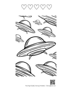 Thumbnail: Fleet of UFOs Floating Playfully Printable and 5 Heart Outline