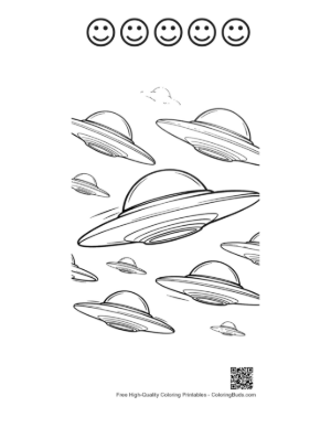 Thumbnail: Fleet of UFOs Flying in the Sky Printable and 5 Happy Face Outline