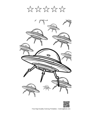 Thumbnail: Fleet of UFOs Invading in Sketch Style Printable and 5 Star Outline