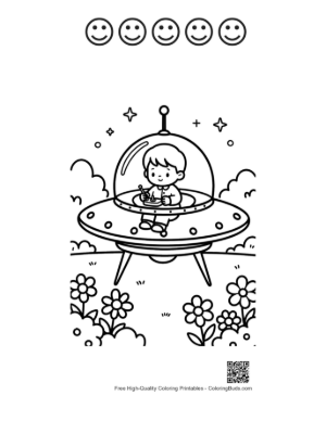 Thumbnail: Happy Alien Kid Flying a Saucer over a Flower Field Printable and 5 Happy Face Outline