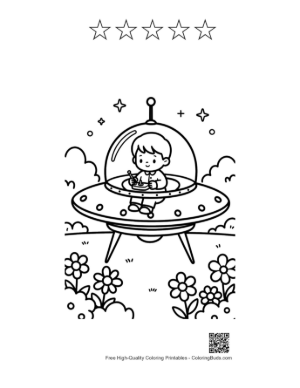 Thumbnail: Happy Alien Kid Flying a Saucer over a Flower Field Printable and 5 Star Outline