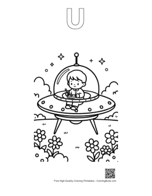 Thumbnail: Happy Alien Kid Flying a Saucer over a Flower Field Printable Outline Alphabet U