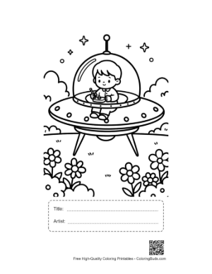 Thumbnail: Happy Alien Kid Flying a Saucer over a Flower Field Printable with Title and Artist Box