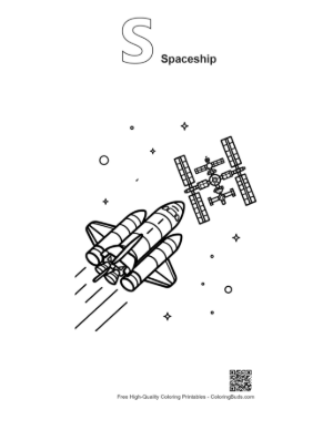 Thumbnail: Space Shuttle Approaching a Satellite in Orbit Coloring Printable Outline Alphabet S Spaceship