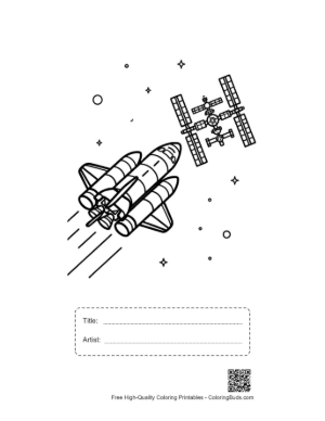Thumbnail: Space Shuttle Approaching a Satellite in Orbit Coloring Printable with Title and Artist Box
