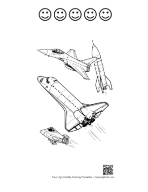 Thumbnail: Space Shuttle Fighter Jet and Rocket Line Art Printable and 5 Happy Face Outline