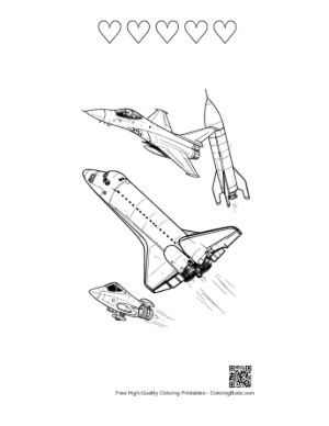Thumbnail: Space Shuttle Fighter Jet and Rocket Line Art Printable and 5 Heart Outline