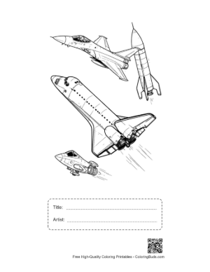 Thumbnail: Space Shuttle Fighter Jet and Rocket Line Art Printable with Title and Artist Box