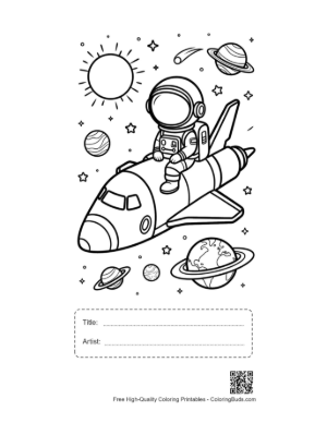Thumbnail: Space Shuttle Flying Through a Solar System with a Sun Printable with Title and Artist Box