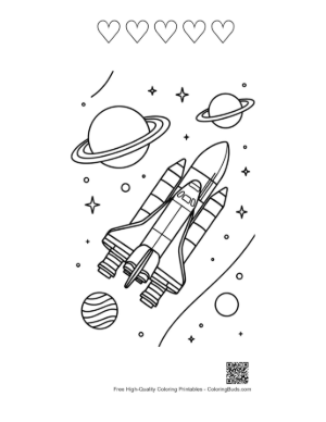 Thumbnail: Space Shuttle Maneuvering Near a Crescent Moon Coloring Printable and 5 Heart Outline
