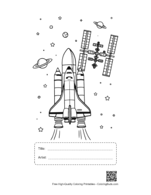 Thumbnail: Space Shuttle Performing a Mission Near a Satellite Printable with Title and Artist Box