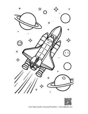 Thumbnail: Space Shuttle Soaring Past a Large Moon and Planets Printable