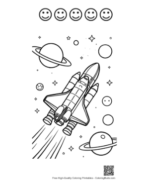 Thumbnail: Space Shuttle Soaring Past a Large Moon and Planets Printable and 5 Happy Face Outline