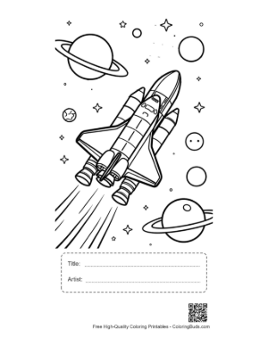 Thumbnail: Space Shuttle Soaring Past a Large Moon and Planets Printable with Title and Artist Box