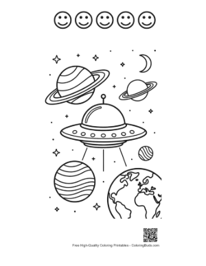 Thumbnail: Spaceship Orbiting the Earth with Stars Background Printable and 5 Happy Face Outline