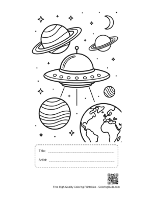 Thumbnail: Spaceship Orbiting the Earth with Stars Background Printable with Title and Artist Box