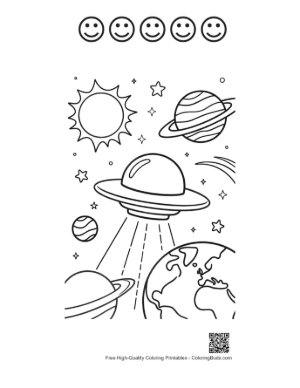 Thumbnail: Spaceship Traveling Past Planets and Bright Stars Printable and 5 Happy Face Outline