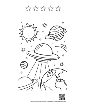 Thumbnail: Spaceship Traveling Past Planets and Bright Stars Printable and 5 Star Outline