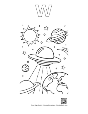 Thumbnail: Spaceship Traveling Past Planets and Bright Stars Printable Outline Alphabet W