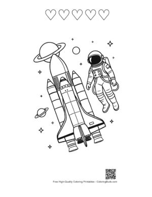 Thumbnail: Spacewalking Astronaut Near a Soaring Space Shuttle Printable and 5 Heart Outline