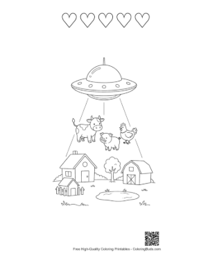 Thumbnail: UFO Beaming Up Multiple Cows from a Country Farm Printable and 5 Heart Outline