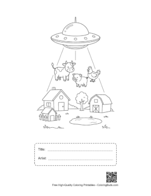 Thumbnail: UFO Beaming Up Multiple Cows from a Country Farm Printable with Title and Artist Box
