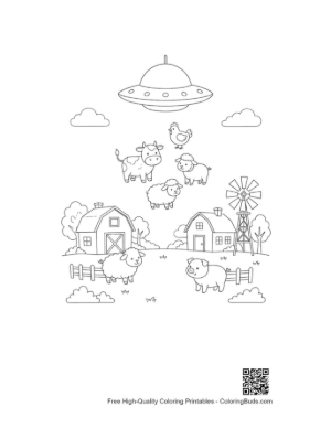 Thumbnail: UFO Spaceship Beaming Up Farm Cows Coloring Page Printable