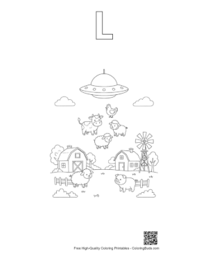 Thumbnail: UFO Spaceship Beaming Up Farm Cows Coloring Page Printable Outline Alphabet L