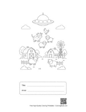 Thumbnail: UFO Spaceship Beaming Up Farm Cows Coloring Page Printable with Title and Artist Box