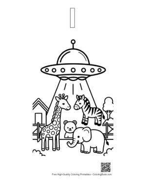 Thumbnail: UFO Spaceship Beaming Up Zoo Animals Like Giraffes Printable Outline Alphabet I