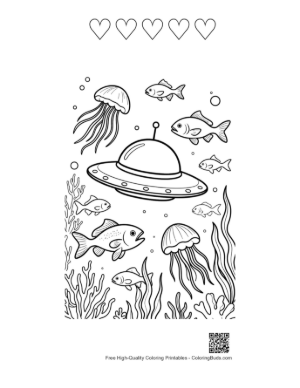 Thumbnail: UFO Spaceship Exploring the Deep Ocean with Jellyfish Printable and 5 Heart Outline