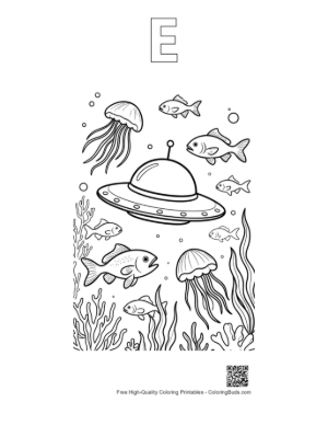 Thumbnail: UFO Spaceship Exploring the Deep Ocean with Jellyfish Printable Outline Alphabet E