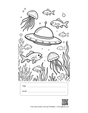 Thumbnail: UFO Spaceship Exploring the Deep Ocean with Jellyfish Printable with Title and Artist Box