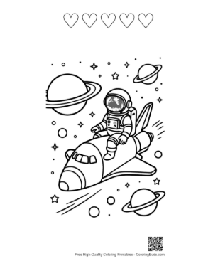 Thumbnail: Young Astronaut Playing on a Spaceship in Orbit Coloring Printable and 5 Heart Outline