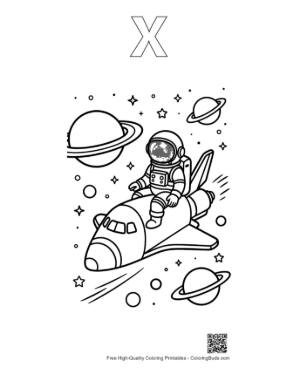 Thumbnail: Young Astronaut Playing on a Spaceship in Orbit Coloring Printable Outline Alphabet X