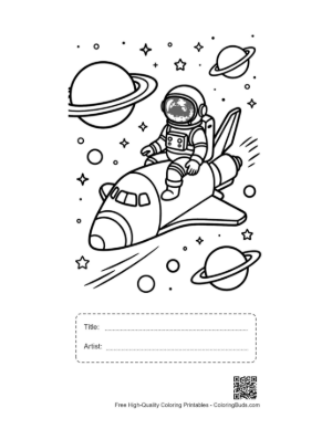 Thumbnail: Young Astronaut Playing on a Spaceship in Orbit Coloring Printable with Title and Artist Box