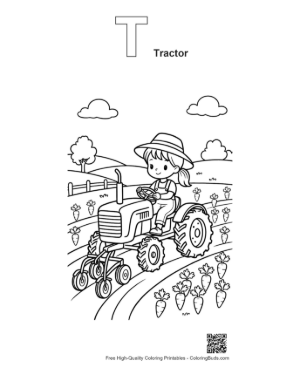 Thumbnail: Child Farmer Planting Seeds with a Tractor in the Field Printable Outline Alphabet T Tractor