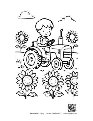 Thumbnail: Happy Boy Operating a Tractor Between Tall Flowers Printable