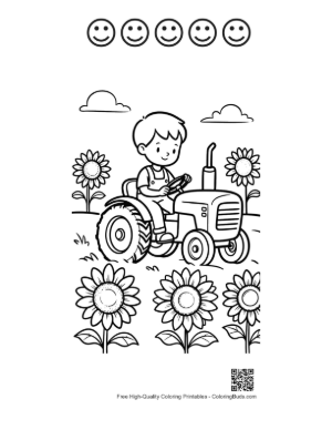 Thumbnail: Happy Boy Operating a Tractor Between Tall Flowers Printable and 5 Happy Face Outline