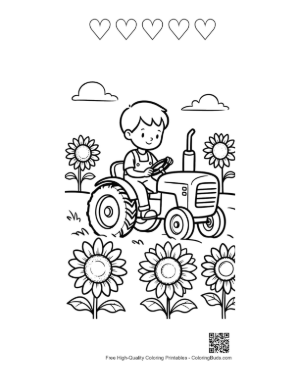 Thumbnail: Happy Boy Operating a Tractor Between Tall Flowers Printable and 5 Heart Outline