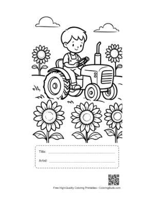 Thumbnail: Happy Boy Operating a Tractor Between Tall Flowers Printable with Title and Artist Box
