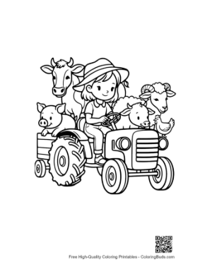 Thumbnail: Happy Child Driving a Tractor Loaded with Various Farm Animals Printable